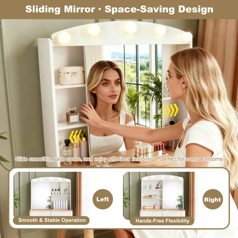 Small Vanity Desk With Mirror And Lights, Big-Capacity Storage And Sliding Mirror, Vanity Set With Two Fluted Drawers, 3 Lighting Colors Makeup Dressing Table(White)