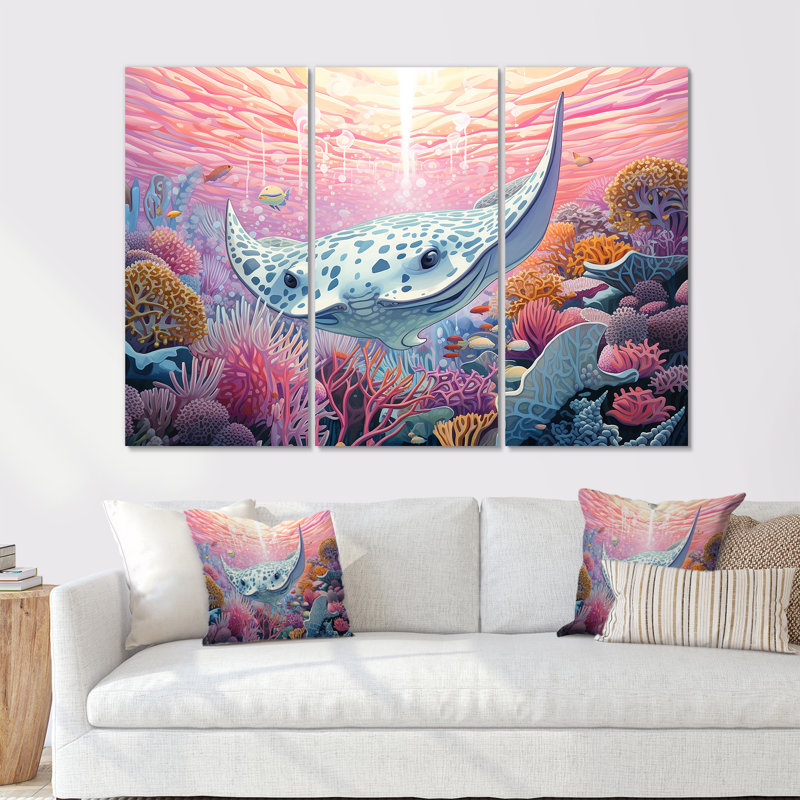 Ensemble d'art mural sur toile Manta Rays Drifters Landscape II - Coastal Coral Under Water, H 40 po x l 60 po