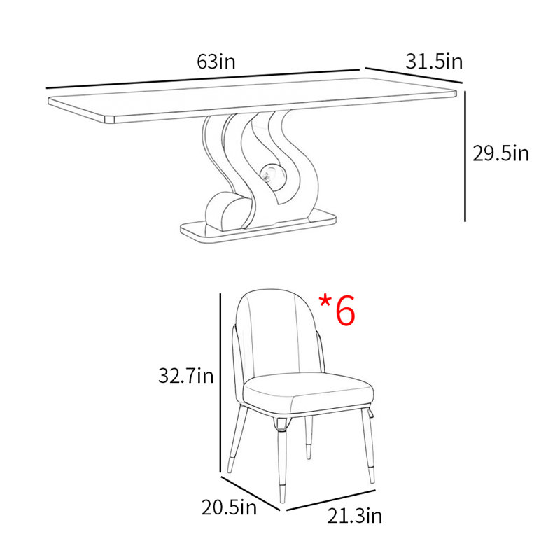 Italian style rectangular home dining table sets, 29.5"H x 63"L x 31.5"W
