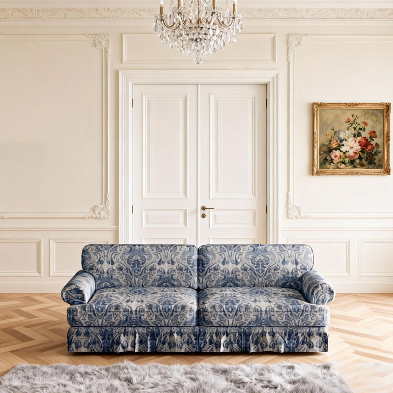 74 Luxuriously Comfortable 3-Seater Cloud Couch, Oxford Fabric Sofa with Elegant Rolled Arms & Pleated Skirt Design, 26.4 Extra Deep Seat Mid Century Sofa for Apartment, Office, Blue Floral