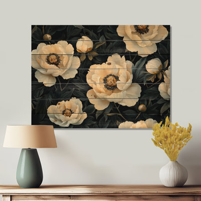 Black Beige Midnight Peonies II - Peonies Wood Wall Decor - On Natural Pine Wood