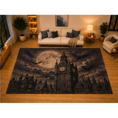 Tapis de style tour d'horloge gothique de 6 pi 7 po x 9 pi 10 po «Ultra Light Poids» pour chambre à coucher, envers antidérapant doux à poils courts, décor d'Halloween victorien brun noir