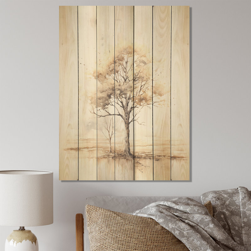 Beige, minimalisme, paysage africain II, arbre africain sur bois, H 20 po x l 10 po