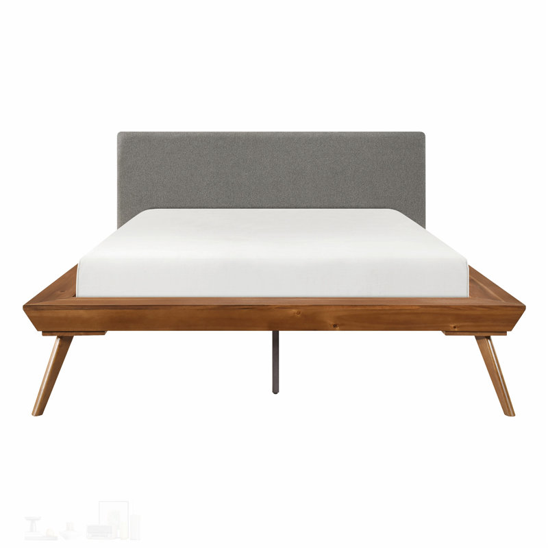 Lit plateforme tapissier avec tête de lit gris foncé et finition châtaignier, aucun sommier requis, Lit double