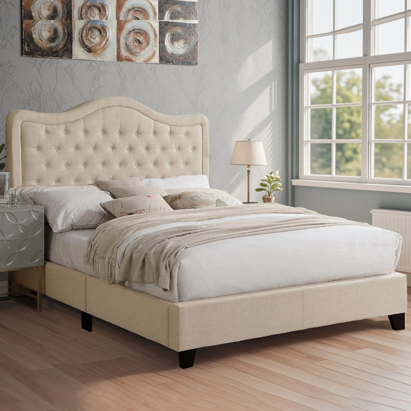 Structure de lit rembourrée en tissu avec tête de lit réglable, support à lattes de bois, lit plateforme capitonné, Beige