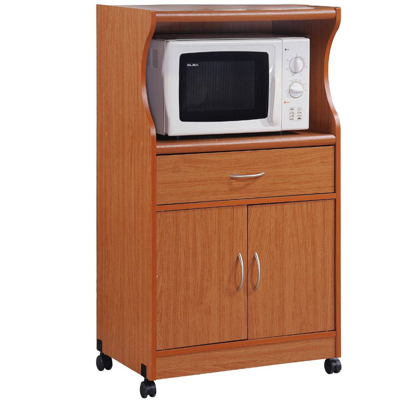 Chariot de cuisine roulant avec tablette à micro-ondes, tiroir à ustensiles, espace de rangement d'armoire intérieure et roulettes verrouillables