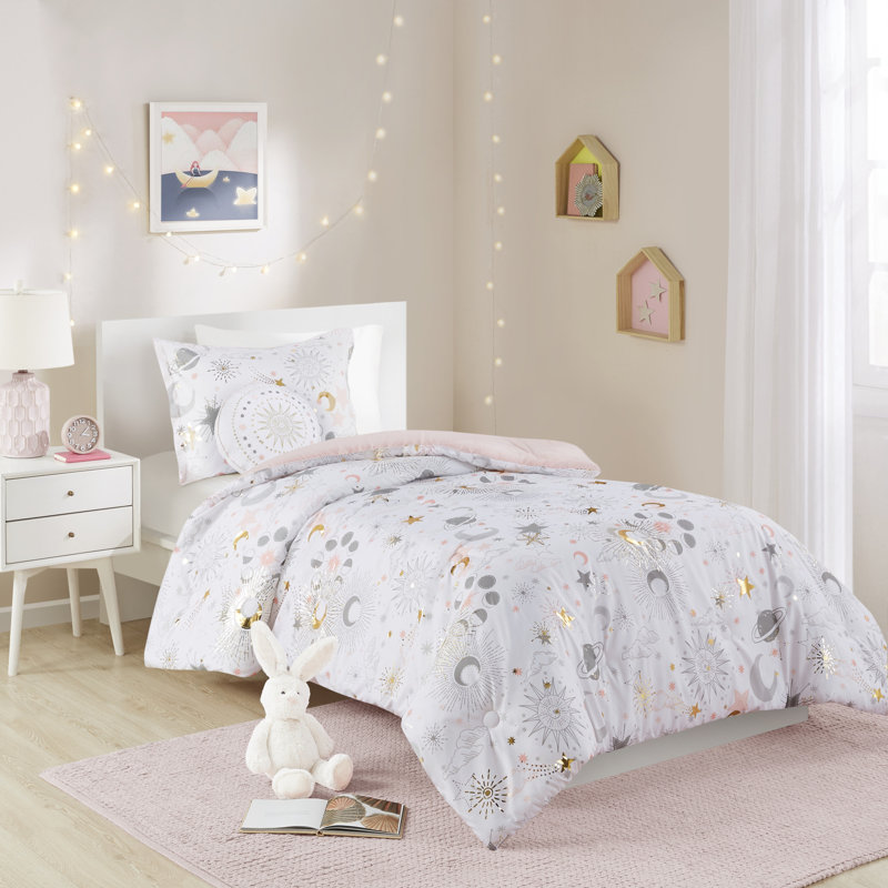 Ensemble d'édredon Celia Starry Sky, Édredon simple, 1 taie décorative, et 1 coussin , Blanc / Gris