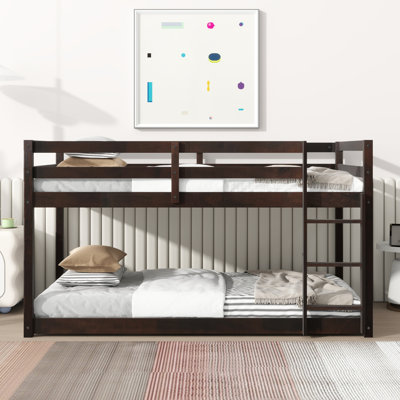 Lit superposé simple au-dessus d'un lit simple en bois massif et en bois d'hévéa massif avec échelle, plateformes de lit supérieures et inférieures fabriquées avec des lattes renforcées, espresso