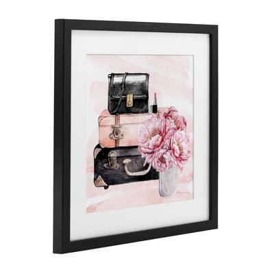 Glam Time Suitcase & Flowers Framed Print Under Glass, design by Kim Allen