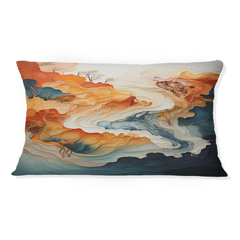 Coussin décoratif abstrait à imprimé abstrait orange et bleu River I