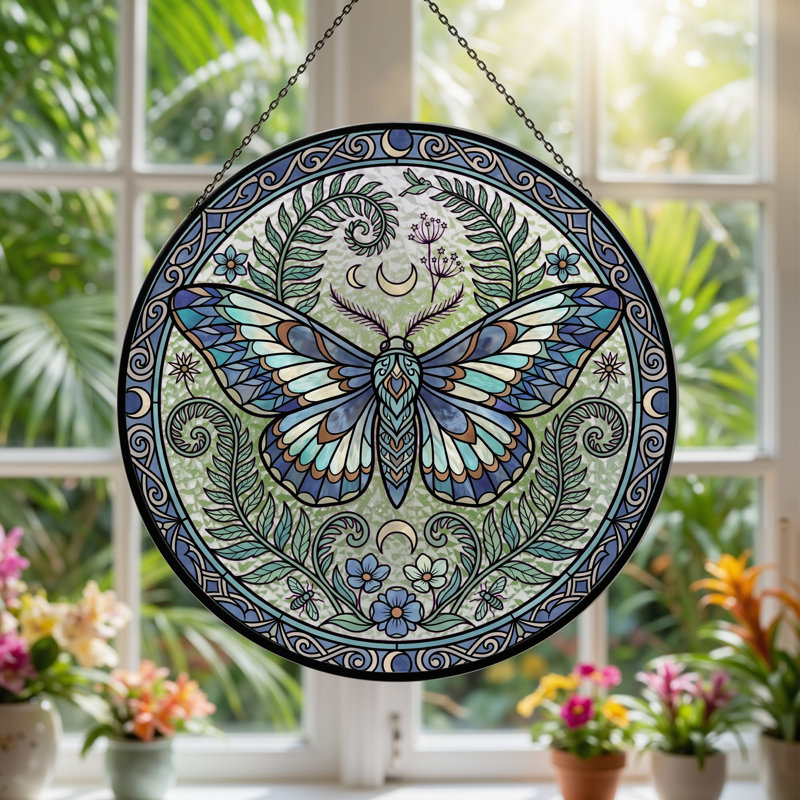 Panneau de vitrail papillon en verre teinté Mandala - H 7,8 po, H 7,8 po