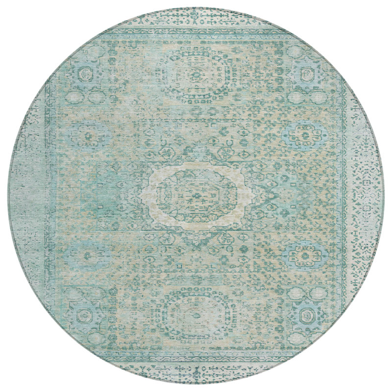 Machine Washable Indoor/Outdoor Xhevrie Turquoise Rug, Round 8'