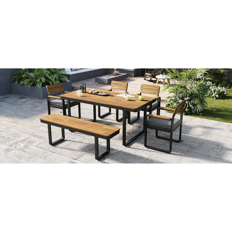 6-Piece Outdoor Dining Set, Acacia Wood, 1 Table With 4 Chairs & 1 Bench For 6-7 Person, Comfortable Cushions On Chairs, Adjustable Feet, For Patio, Garden, Backyard Dining, Gray Cushion
