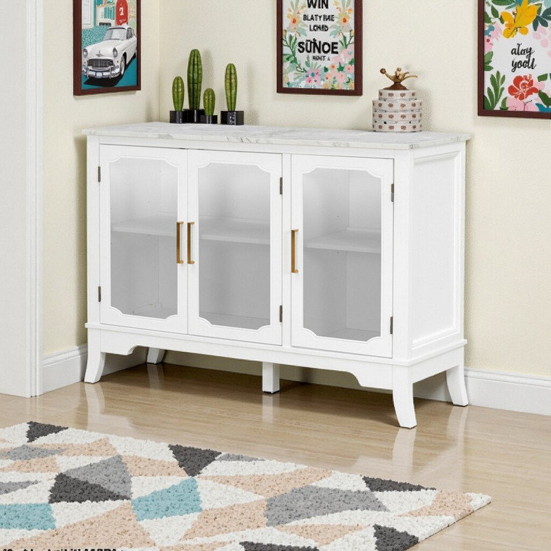Buffet de rangement en bois de pin massif avec portes en verre et 3 tablettes réglables, Blanc
