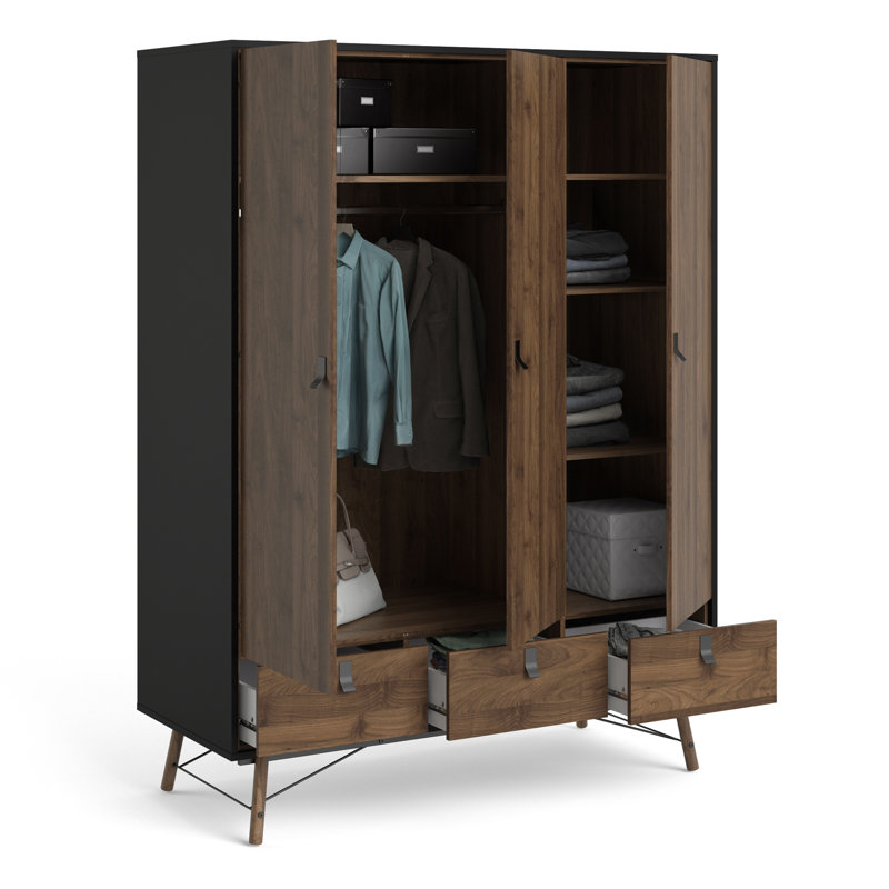 Levine 3 Door Manufactured Wood Wardrobe, Walnut/Black