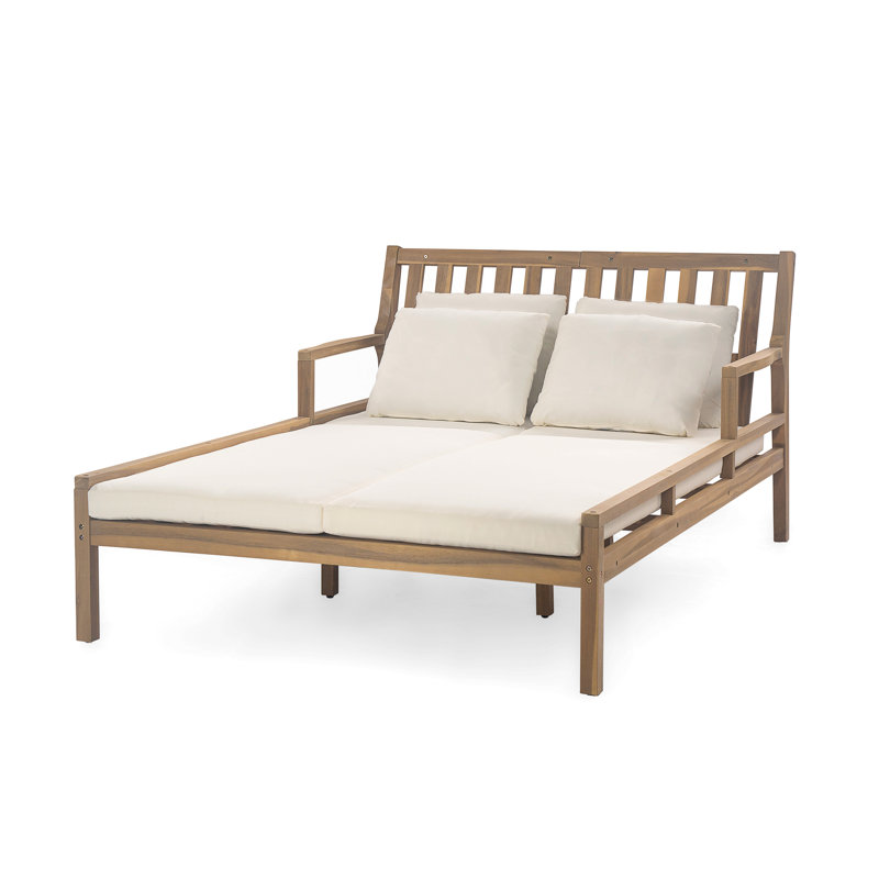Lit de jour d'extérieur en bois avec accoudoirs et coussins courbés Leonida, Teck clair