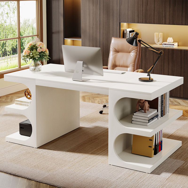 62" White Computer Desk For Home Office, Modern Writing Desk with  Storage Shelves