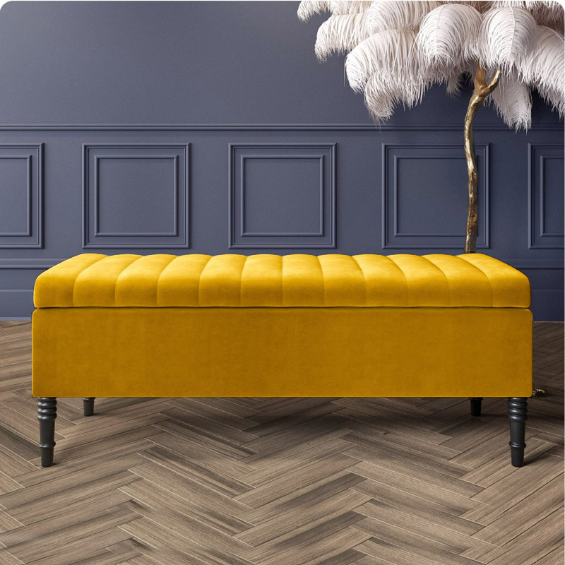 Paris Striped Ottoman Storage Bench - Upholstered Plush Velvet Shoes Bench with Black Turned Wooden Legs, Mustard Gold