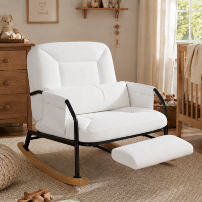 Oversized Rocking Chair with 4-Position Adjustable Backrest and Retractable Footrest, Rocker Chair with Pillow and Pockets for Living Room, Bedroom by Rebrilliant