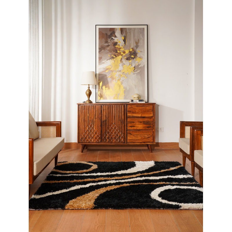Heller Hand Tufted Shag Polyester Eco-Friendly Area Rugs - Square, Black Color, Geometric Modern Design, High Pile Thick Handmade Anti Skid Area Rugs for Living Room, Bed Room