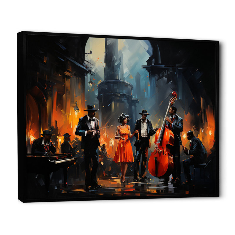 «Music In Harlems III» - Art africain sur toile, art mural, H 24 po x l 32 po, Reproduction avec cadre flottant, Noir