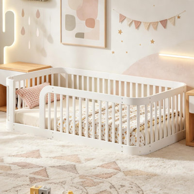 Twin Size Wood Floor Bed Frame with Fence Guardrail, White