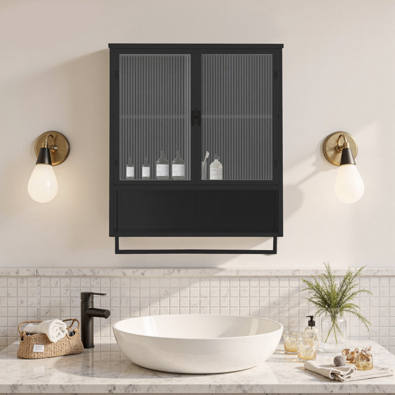 Larock Glass+Metal Wall-mounted Bathroom Cabinet,Wall Cabinet, Black