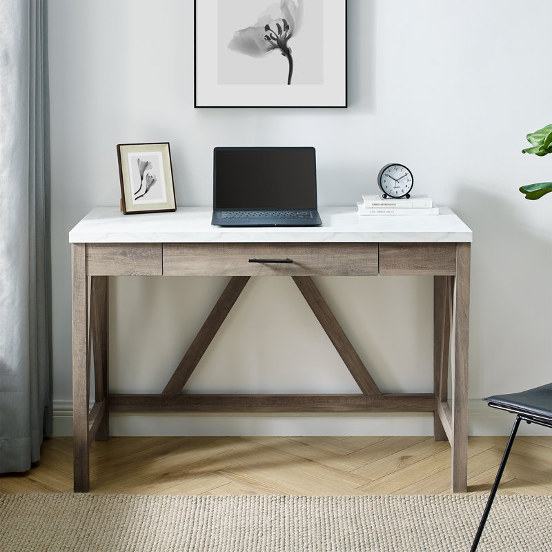 Cardiss 46" A-Frame Writing Desk, Faux White Marble/Gray Wash