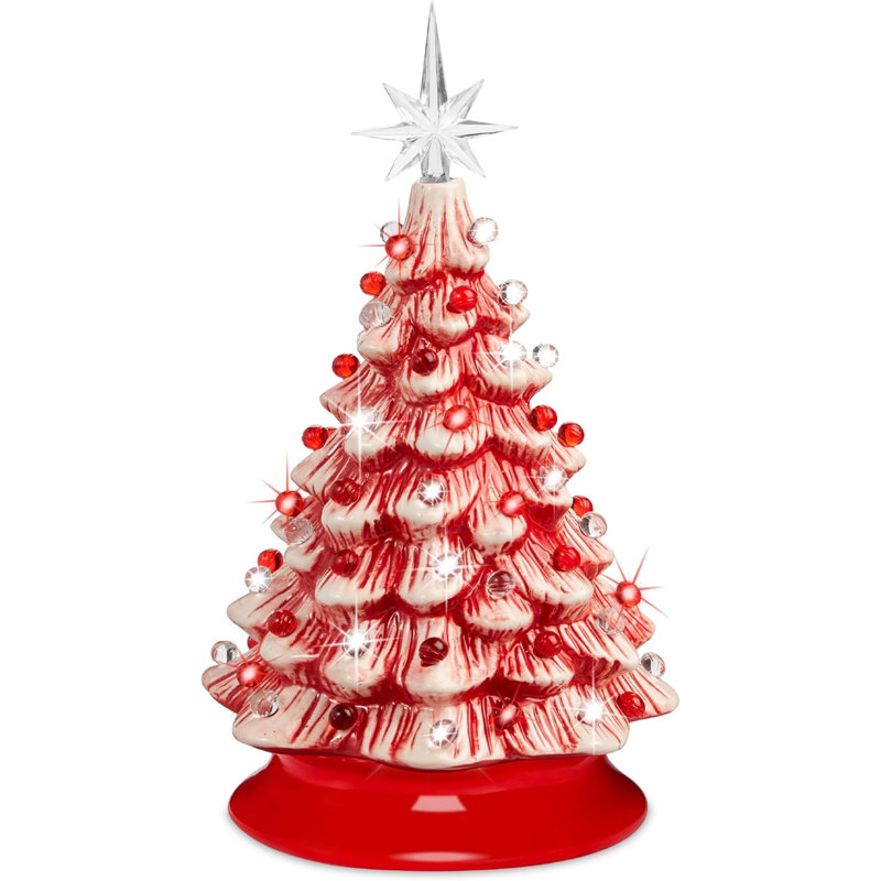 Arbre de Noël 15 po en céramique, arbre de Noël de table pré-éclairé peint à la main, 2 étoiles, 64 lumières - menthe poivrée avec ampoules rouges et blanches