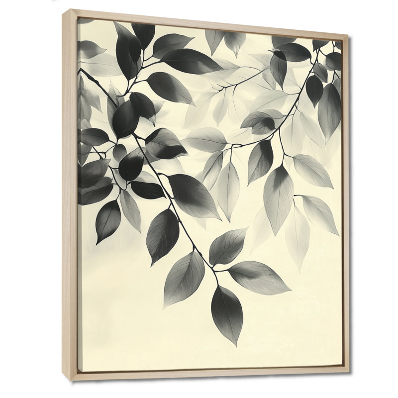 Ramcha noir et beige feuilles doux brise III - feuilles, art mural, H 20 po x l 12 po, Reproduction avec cadre flottant