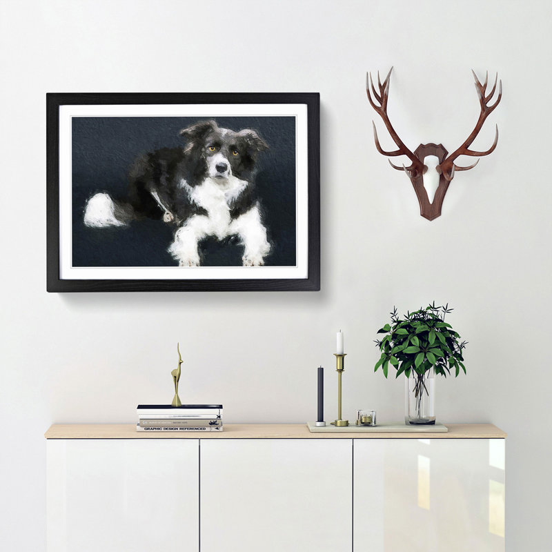 Resting Border Collie Dog - Picture Frame Painting Print, Black Framed, 27cm H x 36cm W x 2cm D