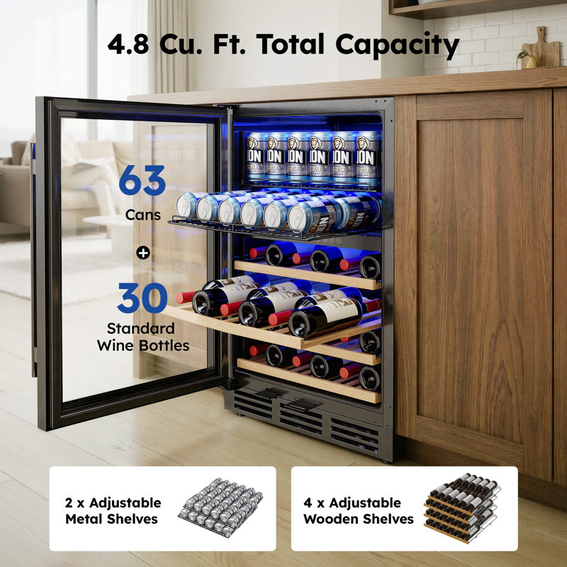 Euhomy 30 Bottles And 63 Cans Dual-Temperature Zone Freestanding Wine Cooler  Freestanding/Built-In/Under Counter Cooler With Tempered Glass Door & Reversible Handle