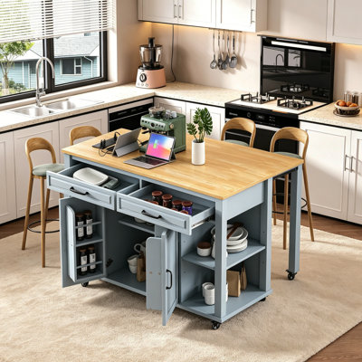 47 Inch Kitchen Island With Extendable Dining Table, Rubber Wood Veneer Kitchen Table With Internal Storage Rack, Power Outlet, Kitchen Island With Storage 2 Drawers 2 Cabinet,Grey Blue