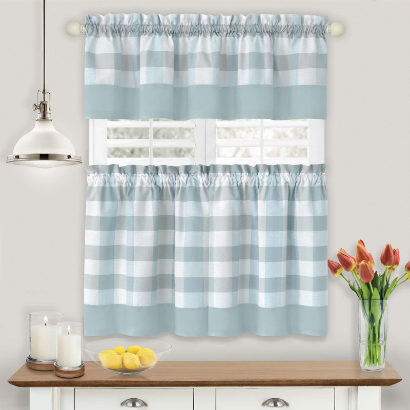 Anthe Gingham Tailored Kitchen Curtain, Ice Blue, 24" H x 57" W