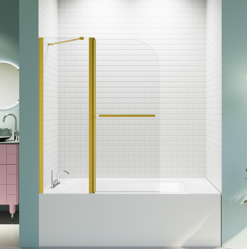 Porte de baignoire pivotante en verre brossé à finition or brossé - Verre trempé de 1/4 po (6 mm) d'épaisseur certifié SGCC, pliable sans cadre pour économiser de l'espace.