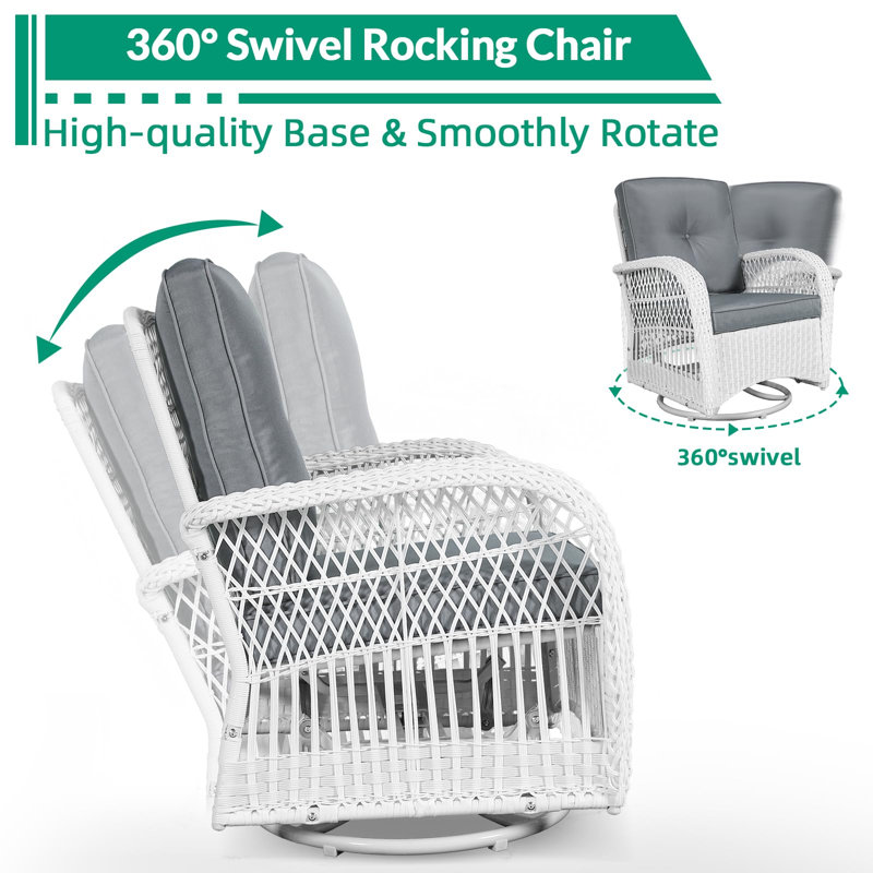 Bay Isle Homeâ„¢ 3-piece Outdoor Conversation Bistro Set, Patio Swivel Glider Rocking Chairs Rattan Furniture Sets W/ 2 White Rattan Chairs, Glass Top Side Table For Porch Backyard, Cushions