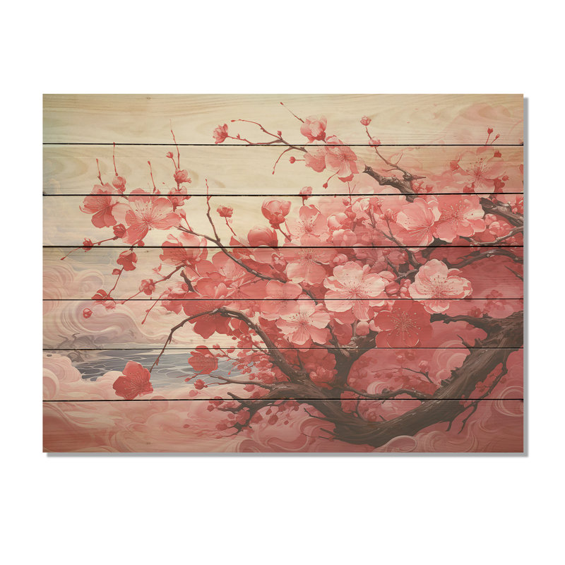 «Pink Blossom Cheery Tree Wind II - Cerisier sur bois», H 34 po x l 44 po x P 0,78 po