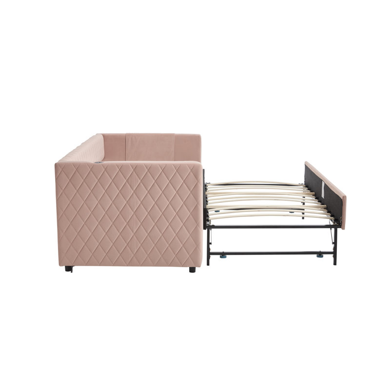 Twin Size Velvet Daybed with Diamond Tufted Backrest, Pink Upholstered Bed Frame, Pink