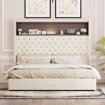House of Hampton® Velvet Tufted Soft Bed Frame with USB Port and Night Light, 52'' High Headboard with Rivet Decoration, Wing-back Platform Bed with Headboard Shelf