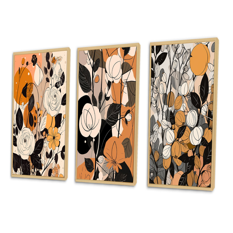 «Retro Terracotta Roses Illustration», 3 pièces, Cadre naturel flottant, H 28 po x l 36 po
