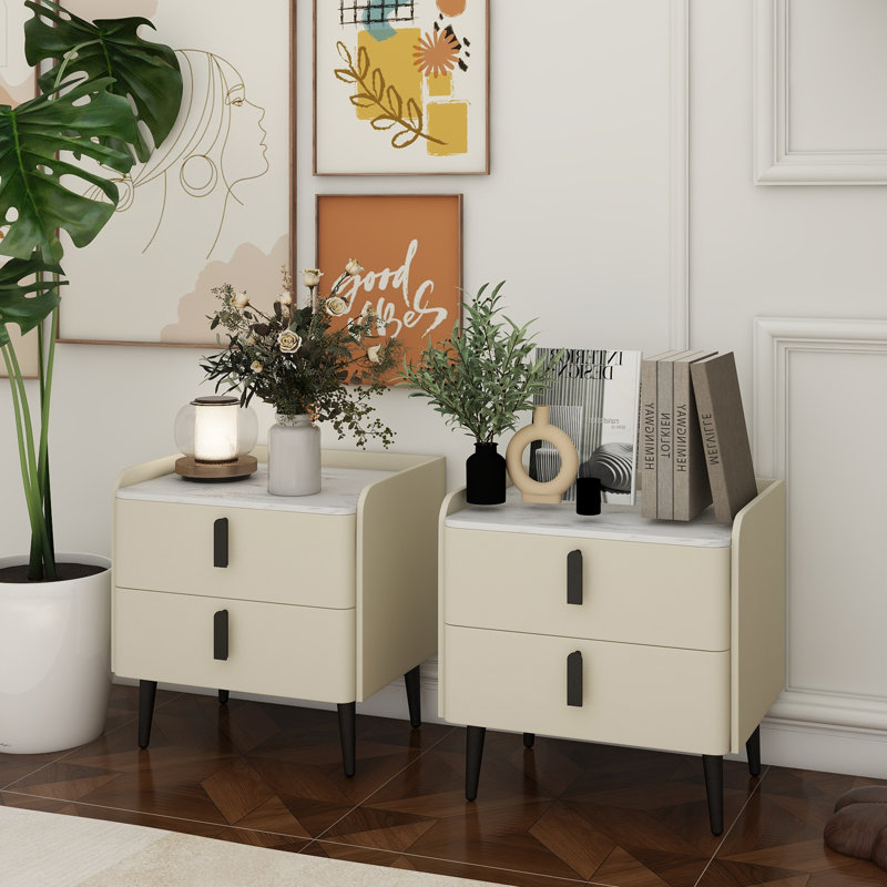 Ensemble de 2 tables de chevet, table de chevet avec 2 tiroirs et plateau de table en marbre, table d'appoint moderne pour la chambre à coucher, table de bout pour le salon, blanc