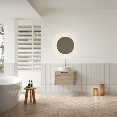 Meuble-lavabo flottant 24 po, armoire en contreplaqué de grain de bois de chêne blanc avec tiroir, plateau en pierre frittée à motif travertin et lavabo en céramique à motif pierre, pré-assemblé