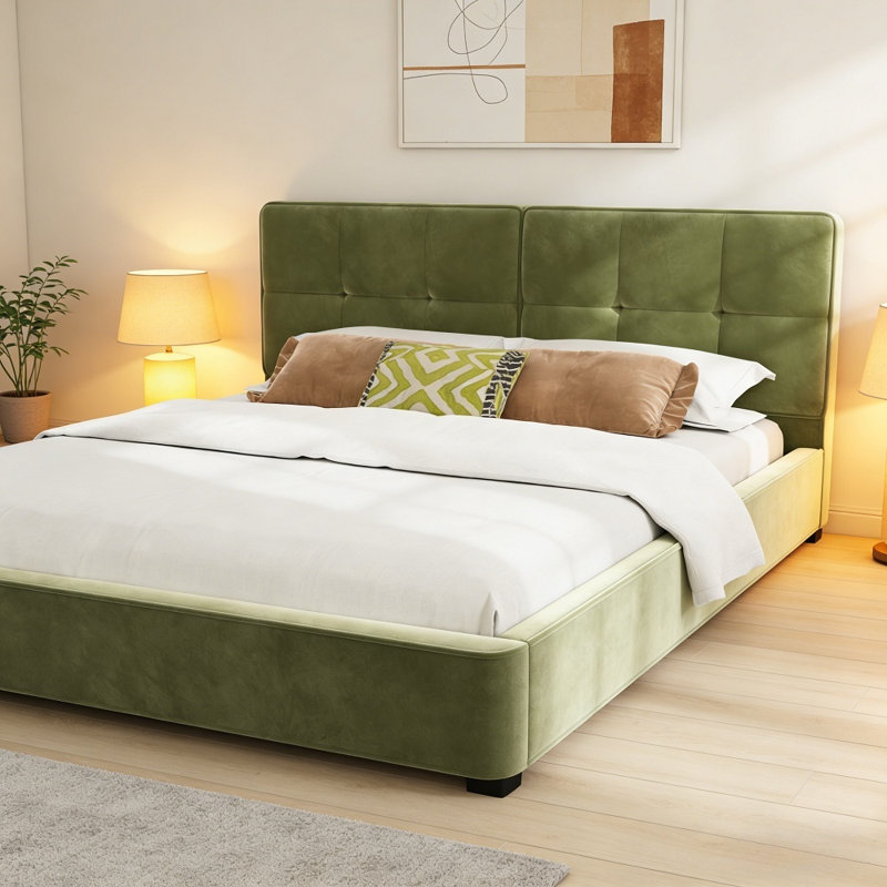 King Size Velvet Bed Frames, Upholstered Platform Bed With Curved Tufted Headboard, Soft Square Corners, Olive Green