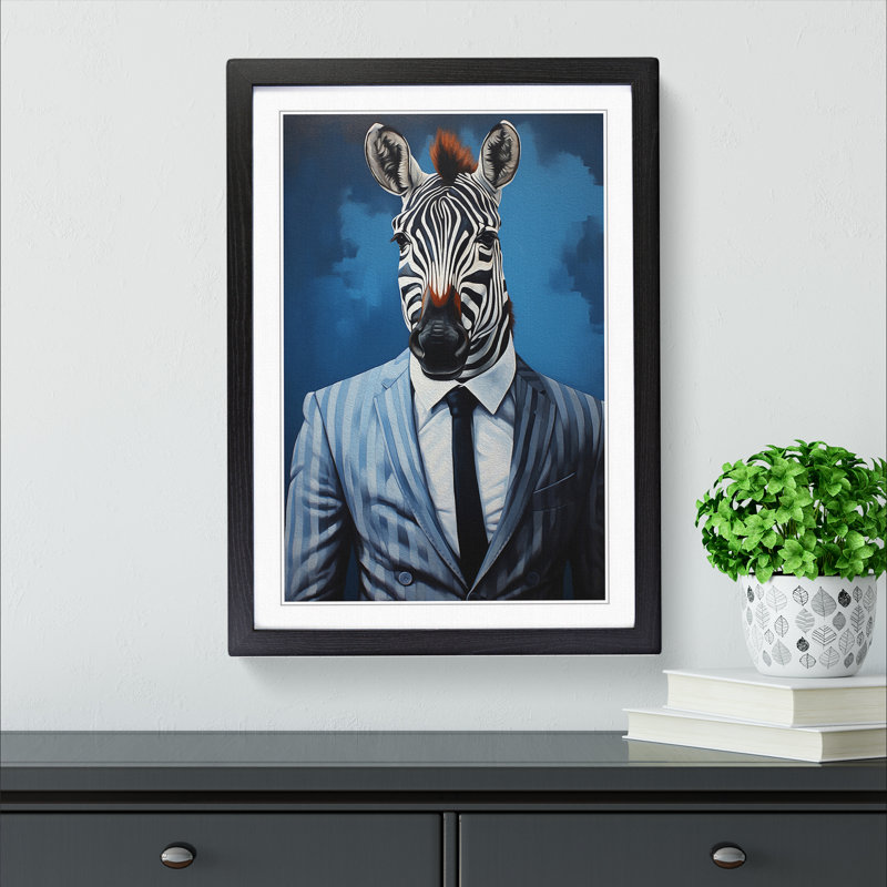Zebra In A Suit Painting - Single Picture Frame Print on Wood, 34cm H x 25cm W x 2cm D, Black