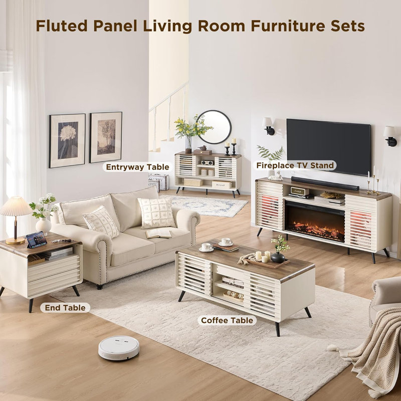 Table basse à plateau relevable, table moderne de style Mid-Century avec porte coulissante à lattes, compartiment caché et 4 tablettes de rangement