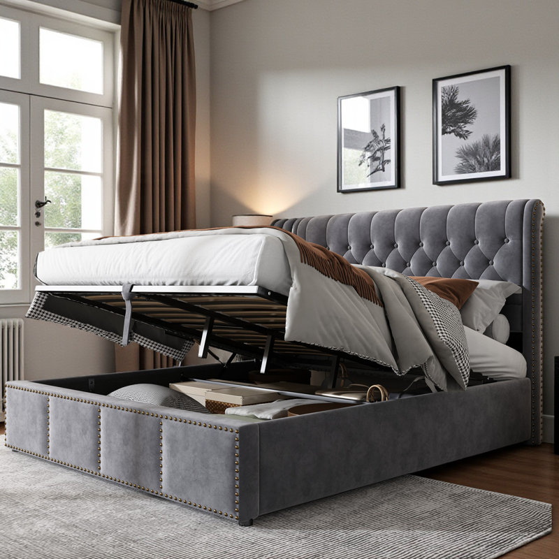 Caddo Velvet Upholstered Bed With Hydraulic Lever, Functional Storage Bed, Rivet Decoration, Super King (6'), Grey Velvet