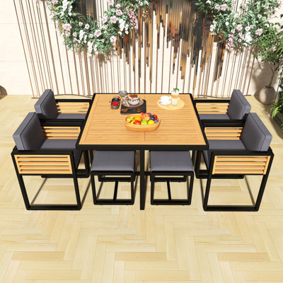Ensemble de salle à manger 9 pièces pour patio en bois d'acacia, 4 chaises rembourrées avec 4 repose-pieds et 1 table carrée, ensemble d'extérieur gris compact pour la cour, le jardin, la terrasse et la piscine