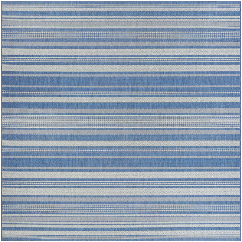 Tapis rayé intérieur / extérieur Sania, Ivoire / bleu, Carré 7 pi 6 po