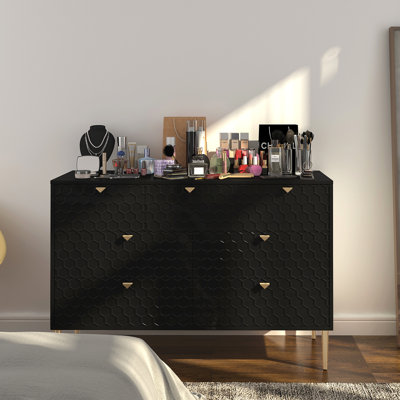Contemporary 7 Dresser, Black Finish, +iron Construction, Ideal For Hallway And Kitchen Storage - Honeycomb Pattern Design Dresser In Black, Living Room, Raised Design, 120 Lbs Drawer Support