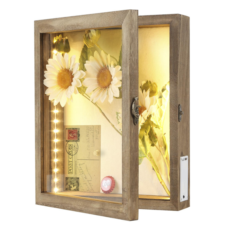 LED Shadow Box Frame 11''X 12'' Wine Cork Holder Display Case Wall Mounted And Tabletop Wooden Memory Box Picture Frame Display Keepsake Box For Memorabilia Awards Bouquet Photos Crafts Tickets